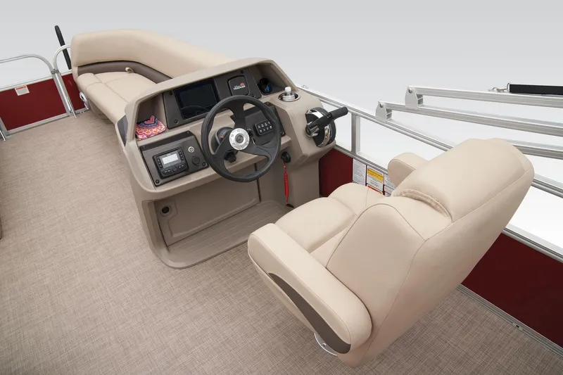 Slide: The Image of 2025 Sun Tracker Party Barge 18 DLX pontoon boat on trailer, red and silver design. - 15