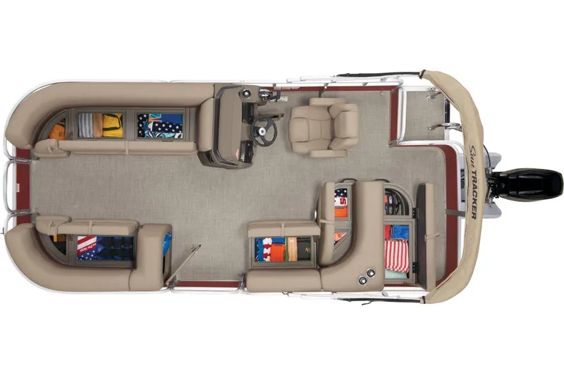 Slide: The Image of 2025 Sun Tracker Party Barge 18 DLX pontoon boat on trailer, red and beige design. - 7