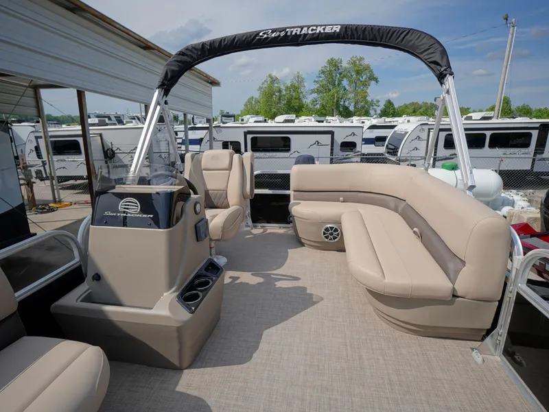 Slide: The Image of 2025 Sun Tracker Party Barge 16 DLX with spacious seating and modern design. - 7
