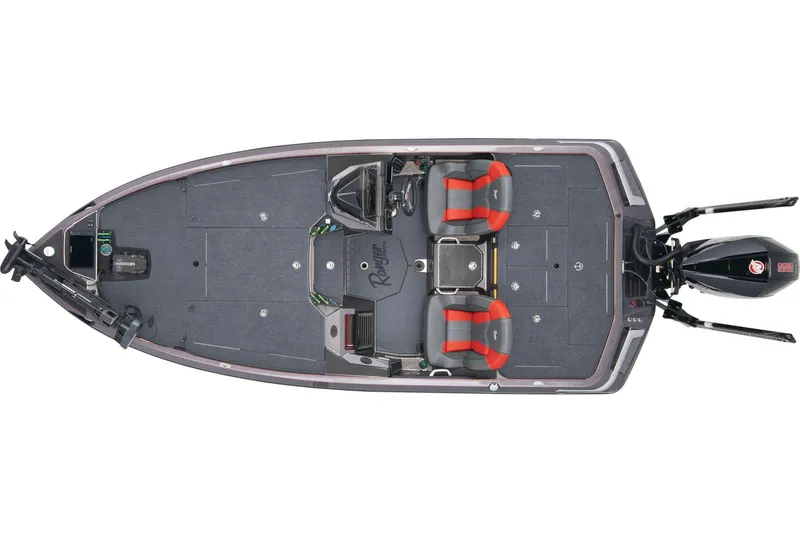Slide: The Image of 2025 Ranger Z519R boat interior with red and gray seating, featuring a Lowrance trolling motor. - 5