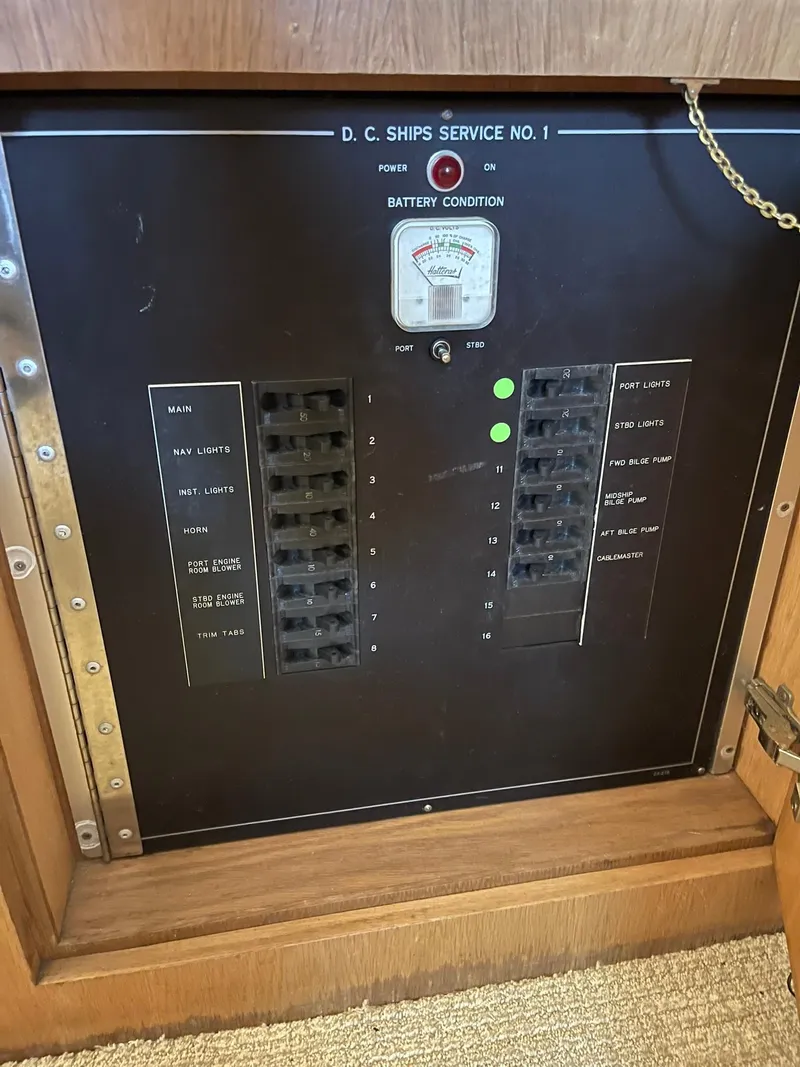 Slide: The Image of Electrical panel on a 1995 Hatteras 52 Motor Yacht, showing circuit breakers and battery condition. - 18