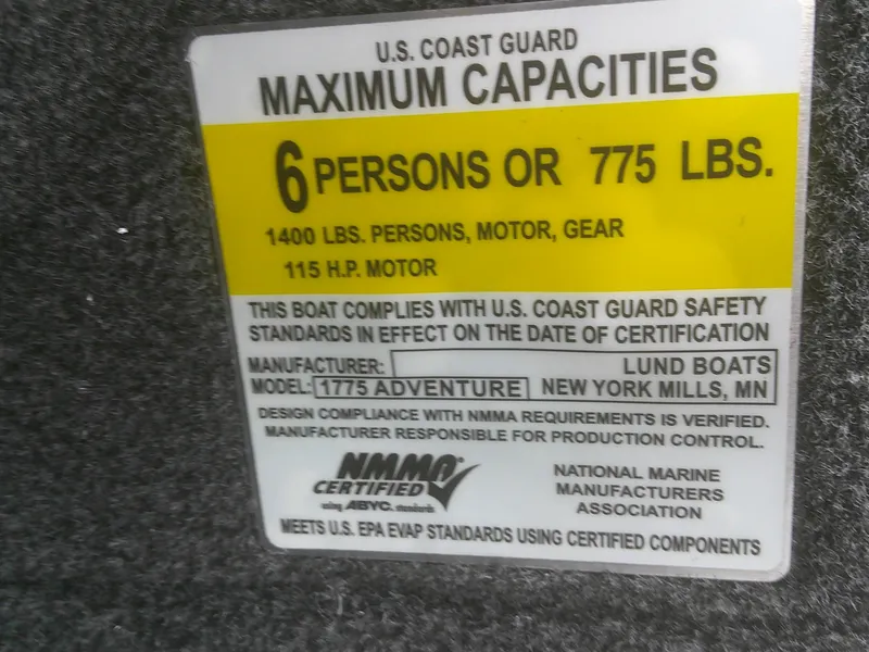 Slide: The Image of 2025 Lund 1775 Adventure SS capacity label, 6 persons or 775 lbs, 115 HP motor. - 10