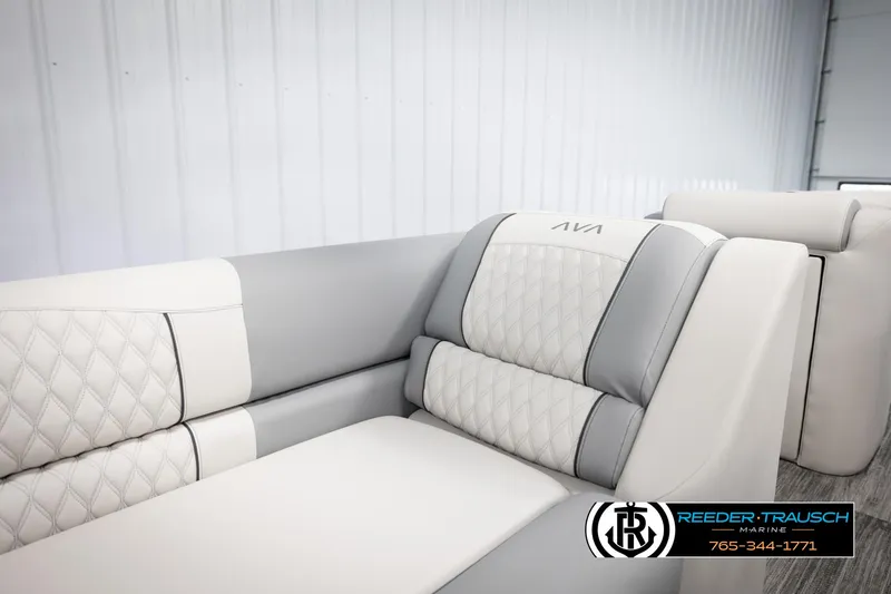 Slide: The Image of Luxurious seating in 2025 Avalon Excalibur LTD CRB boat, featuring elegant quilted upholstery. - 20