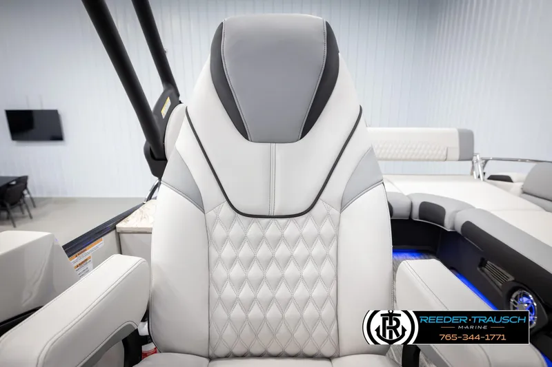 Slide: The Image of Luxurious seating in 2025 Avalon Excalibur LTD CRB boat, featuring elegant diamond stitching. - 40