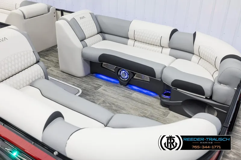 Slide: The Image of Luxurious 2025 Avalon Excalibur LTD CRB boat interior with plush seating and ambient lighting. - 9