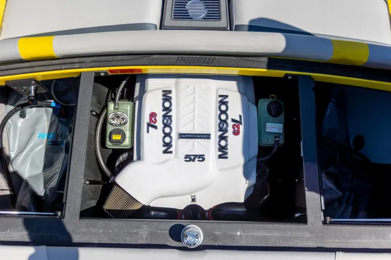 Slide: The Image of 2016 Malibu 24.5 MKZ boat engine, Monsoon 575, supercharged, detailed view. - 29