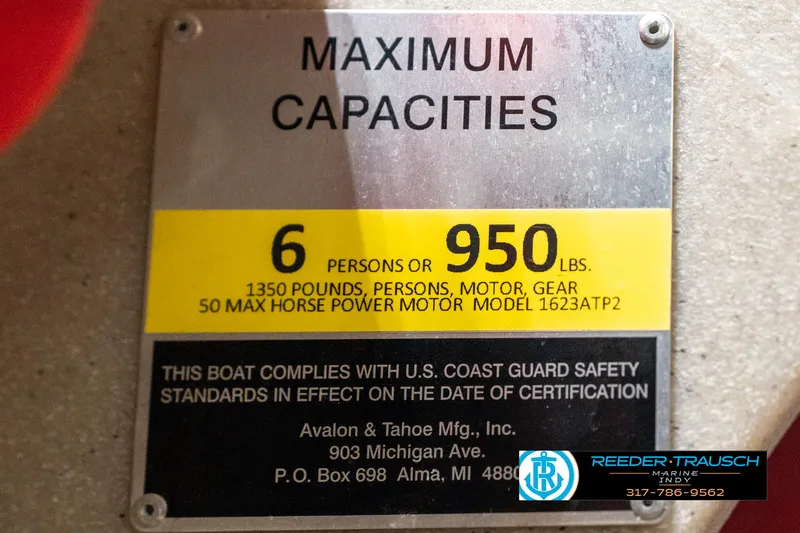 Slide: The Image of Maximum capacity plate for 2019 Avalon Eagle, 6 persons or 950 lbs, U.S. Coast Guard compliant. - 45