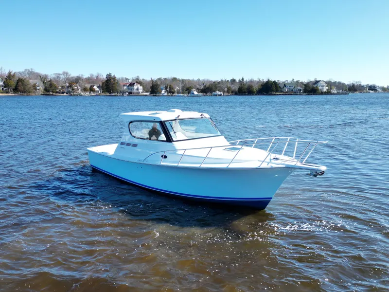 Slide: The Image of 2025 Henriques 35 Express Hardtop boat cruising on a calm lake under clear skies. - 4
