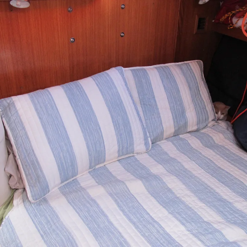 Slide: The Image of Cozy cabin bed with striped bedding in a 1997 Catalina 42 MkII sailboat. - 35