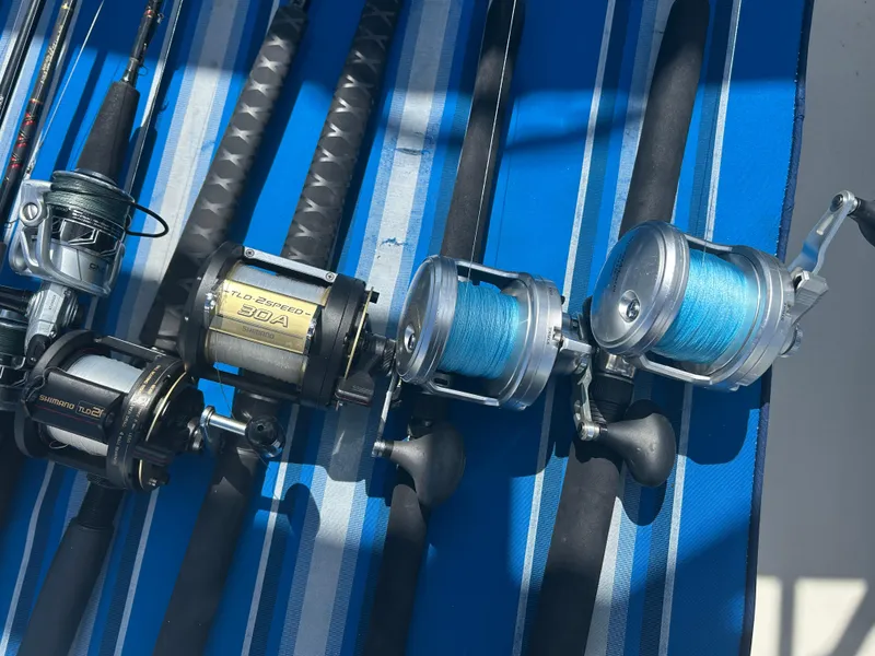 Slide: The Image of Fishing rods and reels with blue line on a striped surface, Dusky 256, 1992 model. - 11
