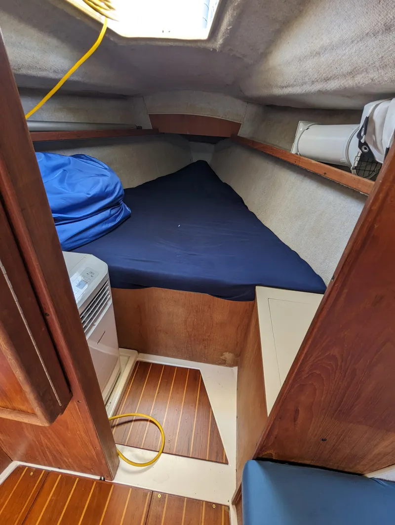 Slide: The Image of Cozy cabin interior of 1987 Hunter 26.5 sailboat with blue bedding and wooden flooring. - 4