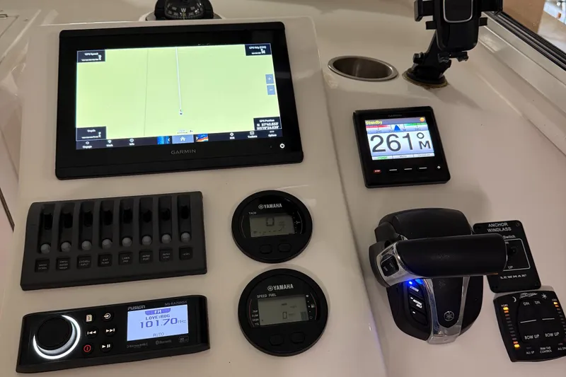Slide: The Image of Steiger Craft 255 DV MIAMI 2022 dashboard with navigation and control instruments. - 2