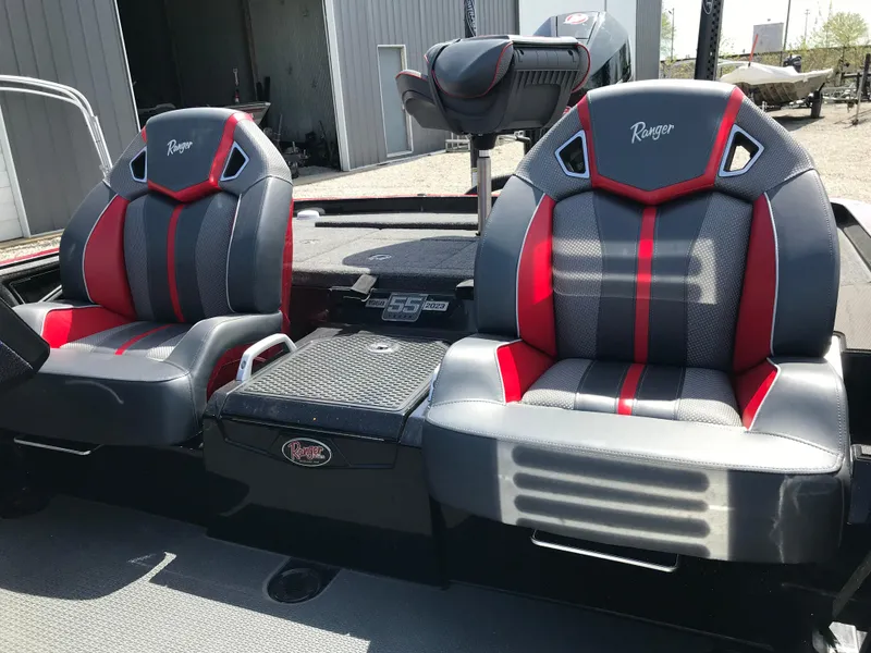 Slide: The Image of 2023 Ranger Z520R boat seats with red and gray design, showcasing premium comfort and style. - 24