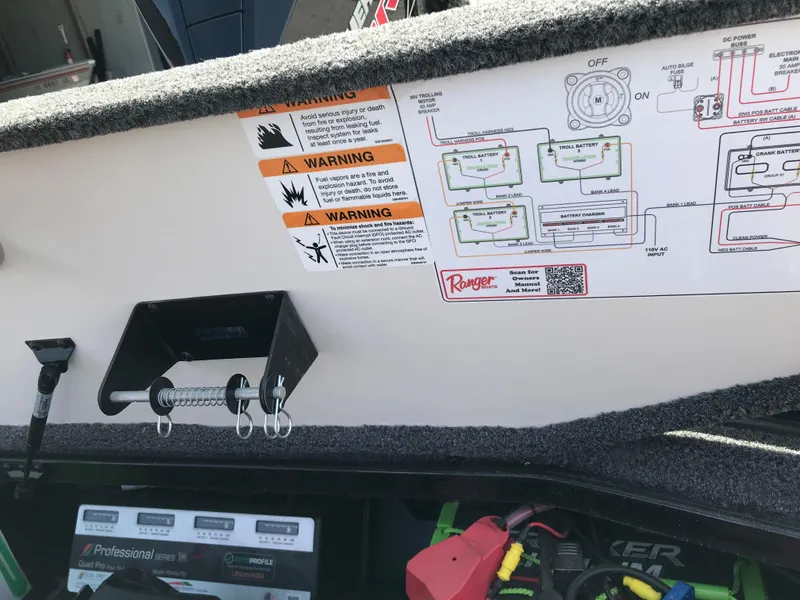 Slide: The Image of 2023 Ranger Z520R Ranger Cup Equipped boat dashboard with warning labels and wiring diagram. - 38