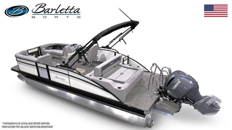 Slide: The Image of 2025 Barletta A22UC pontoon boat with Yamaha outboard motor, sleek design, and spacious seating. - 4