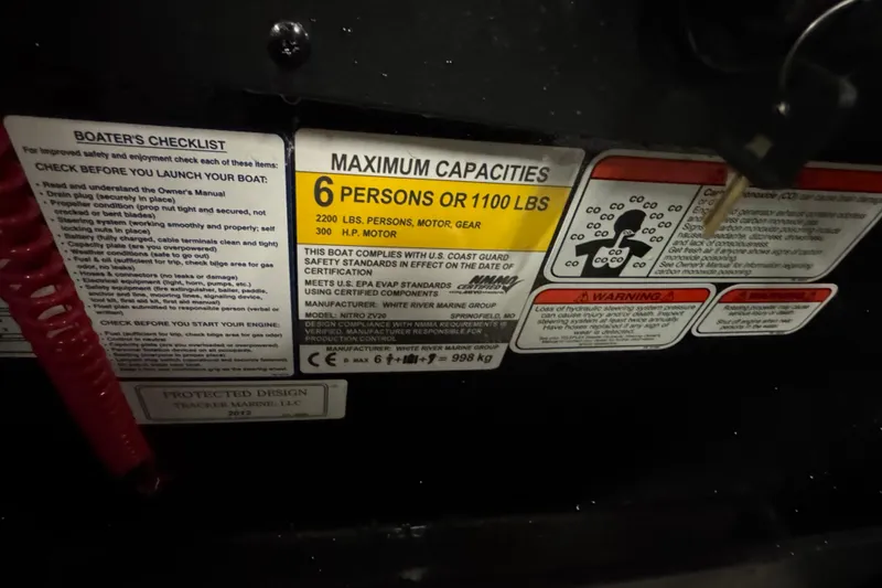Slide: The Image of Boat capacity label for Nitro ZV20, 2022 model, showing 6-person or 1100 lbs limit. - 12