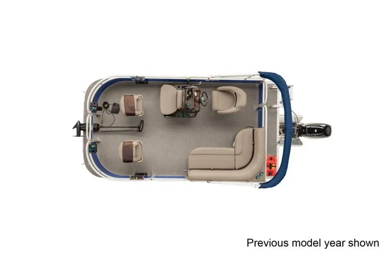 Slide: The Image of 2022 Sun Tracker Bass Buggy 16 XL Select pontoon boat, top view, beige seating, blue canopy. - 10