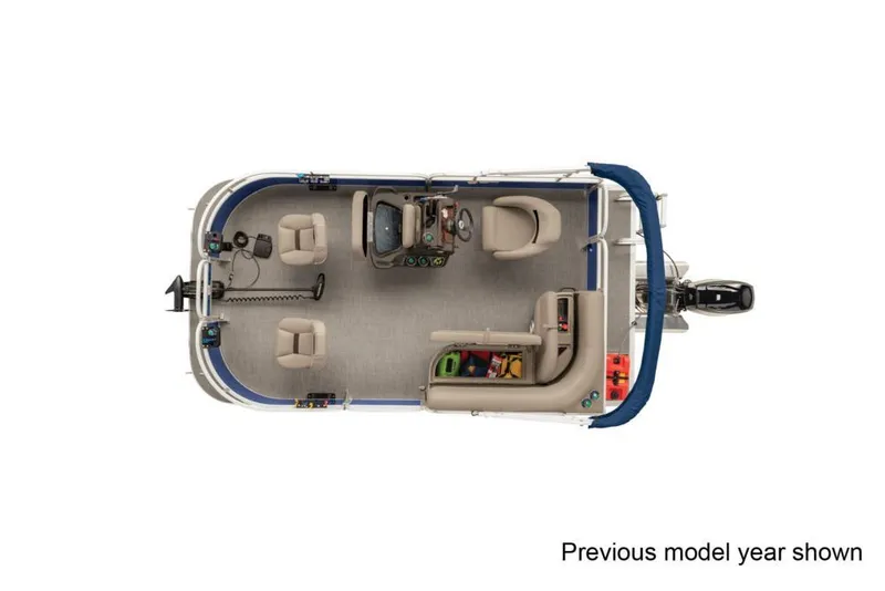 Slide: The Image of 2022 Sun Tracker Bass Buggy 16 XL Select pontoon boat, top view, seating and controls visible. - 11
