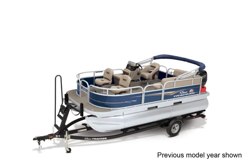 Slide: The Image of 2022 Sun Tracker Bass Buggy 16 XL Select pontoon boat on trailer, side view. - 9
