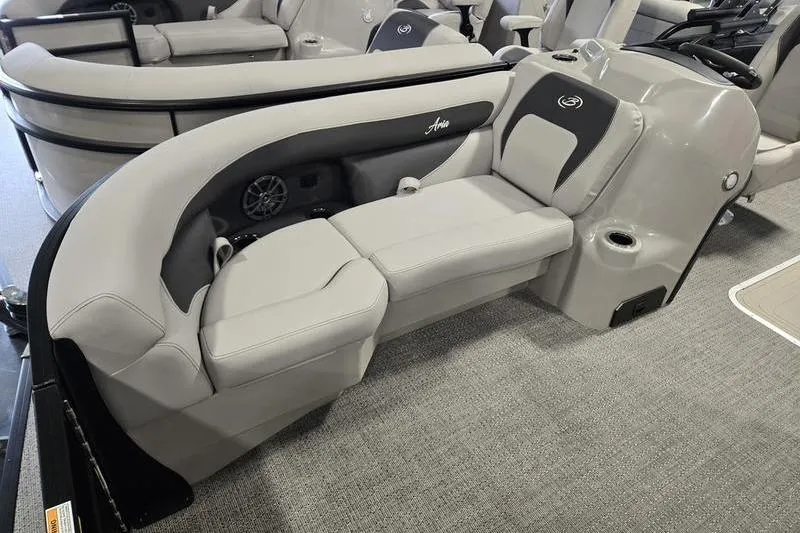 Slide: The Image of 2025 Barletta A22UC boat interior with gray seating and modern design. - 7