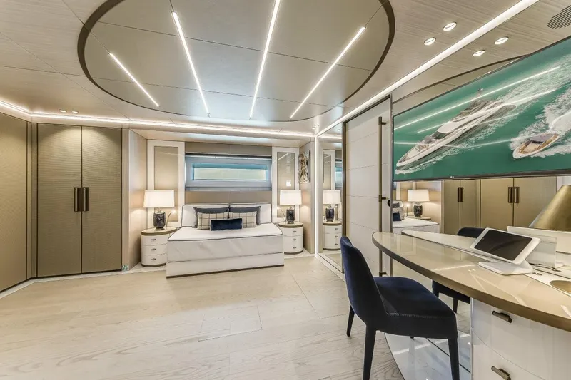 Slide: The Image of Luxurious Rossinavi Custom 2020 yacht interior with modern bedroom and elegant furnishings. - 13