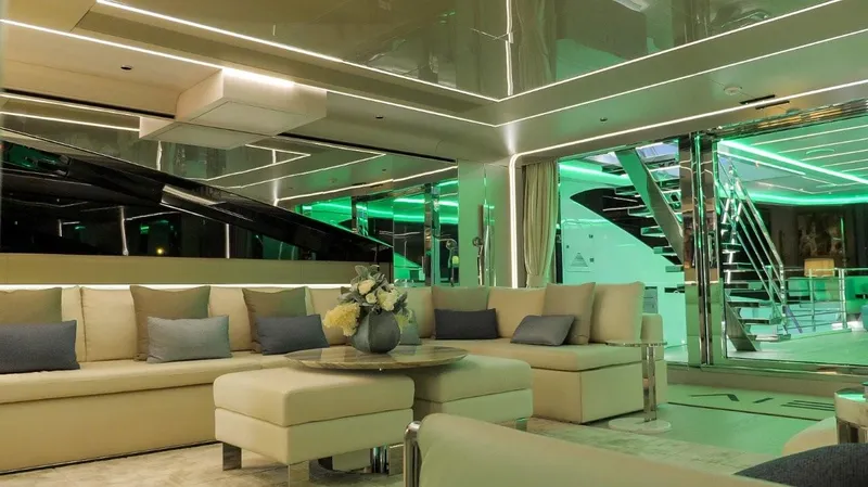 Slide: The Image of Luxurious interior of 2020 Rossinavi Custom yacht with modern seating and ambient lighting. - 19