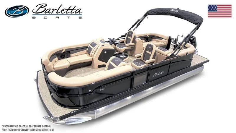 Slide: The Image of 2025 Barletta C22QC pontoon boat with beige seating and black exterior. - 22