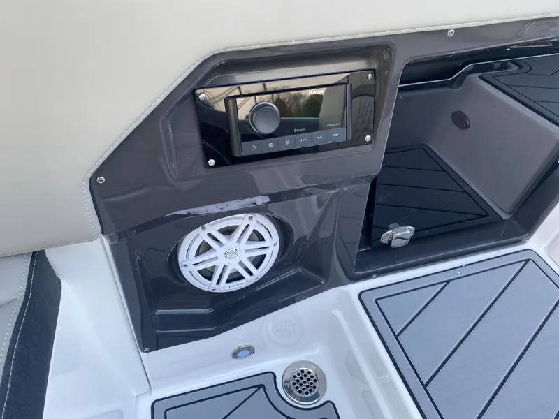 Slide: The Image of 2025 Monterey 278 Super Sport boat interior with audio system and speaker. - 15