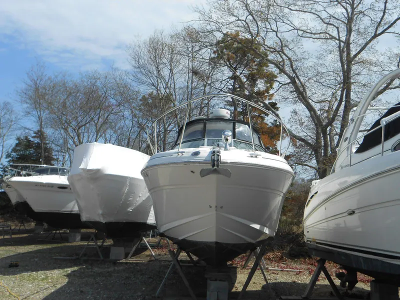 Slide: The Image of 2008 Sea Ray 280 Sundancer boat on stands, surrounded by trees and other boats. - 2
