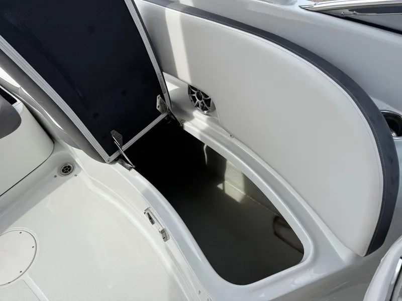 Slide: The Image of Open storage compartment on 2019 Crownline 290 XSS boat, featuring sleek interior design. - 15
