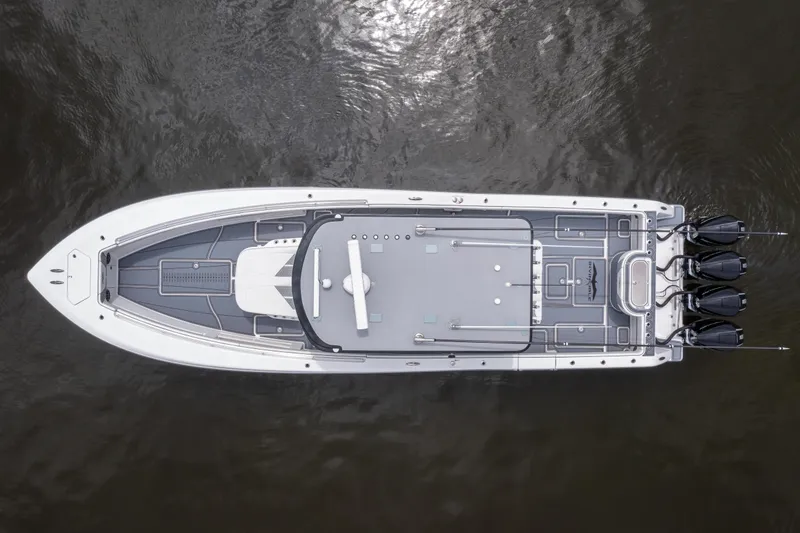 Slide: The Image of Aerial view of 2022 Invincible 39 Open Fisherman boat on water. - 7