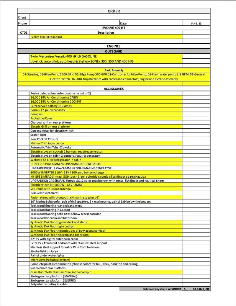 Slide: The Image of Order form for Evolve 400HT, 2023 model, detailing specifications and accessories. - 18