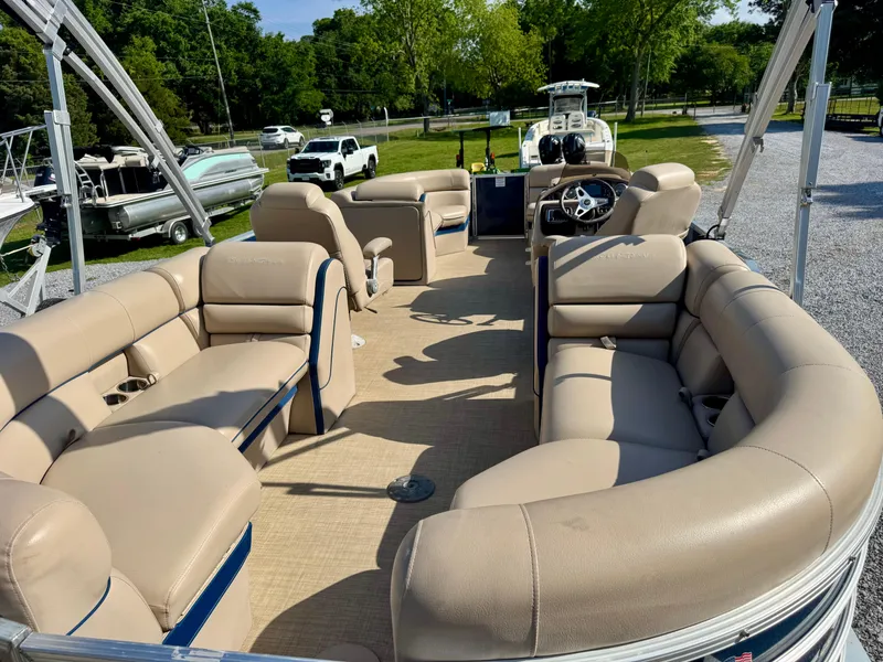 Slide: The Image of 2018 South Bay 500 Series 2.75 pontoon boat with spacious seating and modern design. - 12