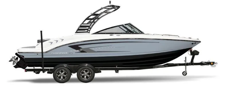 Slide: The Image of 2025 Chaparral 23 SSi boat on trailer, sleek design, black and white color scheme. - 1