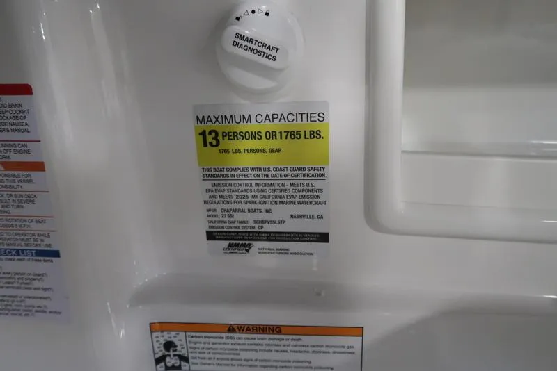 Slide: The Image of 2025 Chaparral 23 SSi boat capacity label, maximum 13 persons or 1765 lbs. - 26