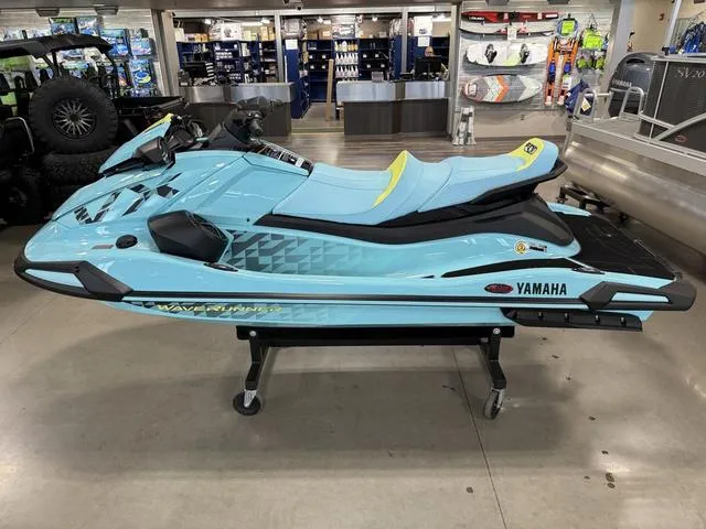 Slide: The Image of 2025 Yamaha Waverunner VX® Limited HO in showroom, light blue with yellow accents. - 3