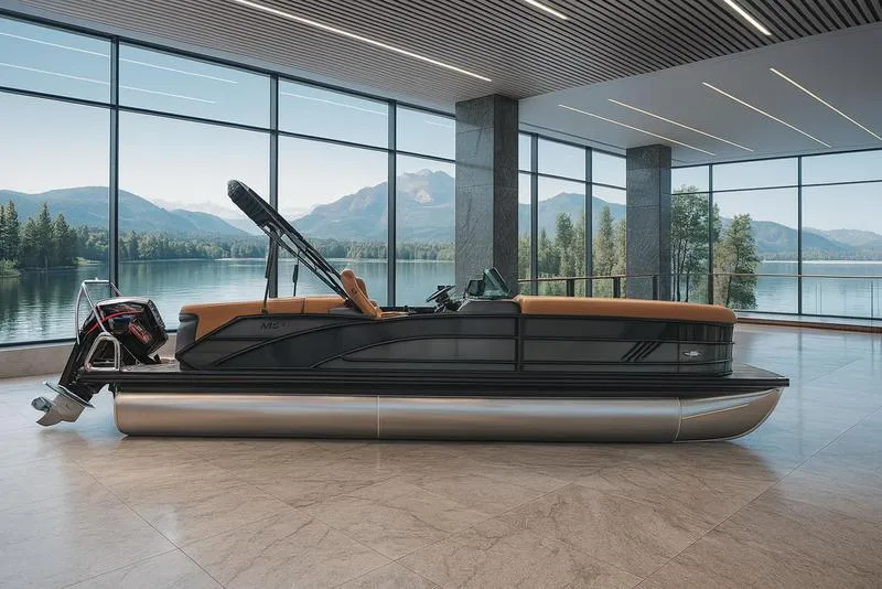Slide: The Image of 2025 Bennington M Quad Bench 24 MFB pontoon boat in modern showroom with scenic lake view. - 0