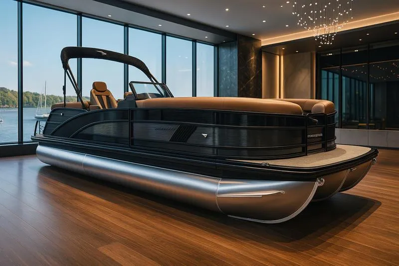 Slide: The Image of 2025 Bennington M Quad Bench 24 MFB pontoon boat in a modern showroom. - 1