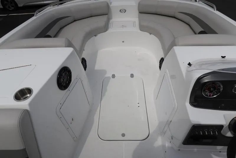 Slide: The Image of 2023 Hurricane SunDeck Sport 188 OB boat interior with seating and control panel. - 17