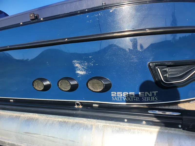 Slide: The Image of 2021 Avalon Catalina Platinum Entertainer Funship, blue exterior, Saltwater Series, close-up view. - 10