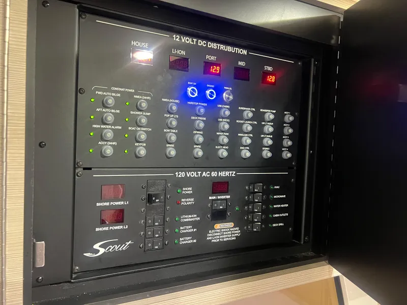 Slide: The Image of Electrical control panel of 2024 Scout 377 LXF boat, featuring 12V DC and 120V AC systems. - 17