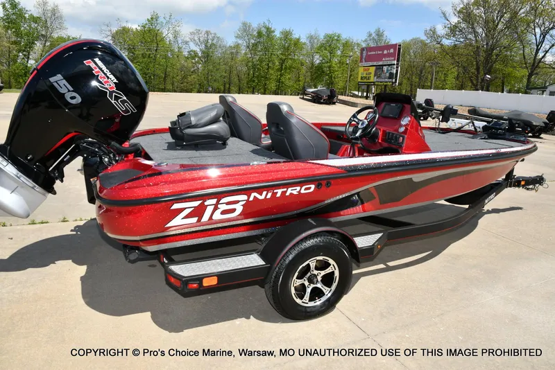 Slide: The Image of 2021 Nitro Z18 boat with 150 Mercury Pro-XS 4 Stroke engine, red and black design. - 20