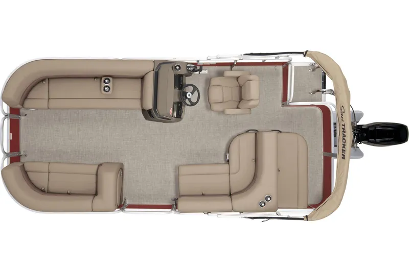 Slide: The Image of 2025 Sun Tracker Party Barge 18 DLX with beige seating, outdoor setting. - 6