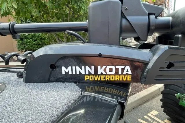 Slide: The Image of Minn Kota PowerDrive on 2025 Tracker Pro Guide V-16 SC boat, close-up view. - 2