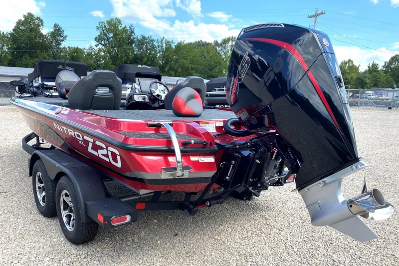 Slide: The Image of 2025 Nitro Z20 XL Pro boat with powerful outboard motor, parked on gravel. - 3
