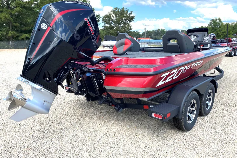Slide: The Image of 2025 Nitro Z20 XL Pro boat with powerful outboard motor, parked on gravel. - 4