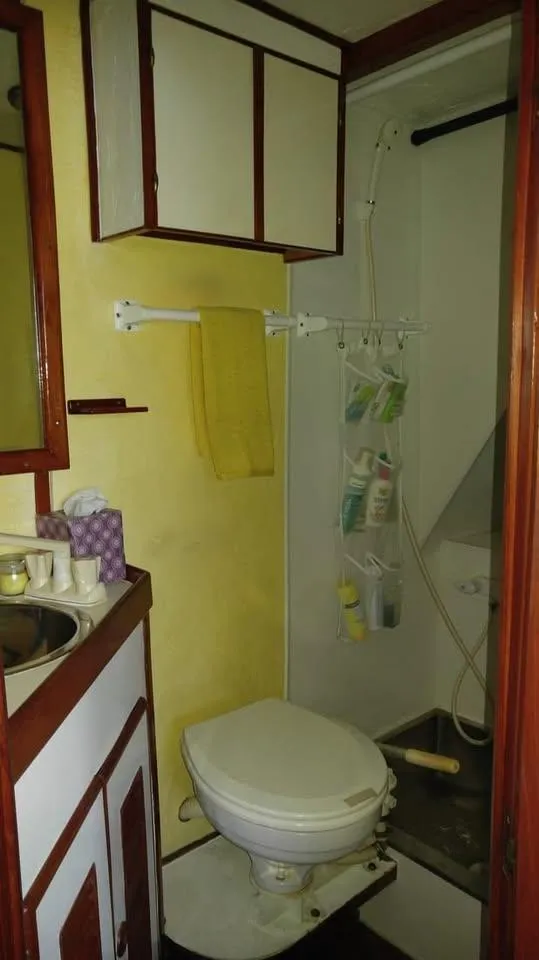 Slide: The Image of 1979 Universal Marine 41 bathroom with toilet, sink, and shower area. - 15