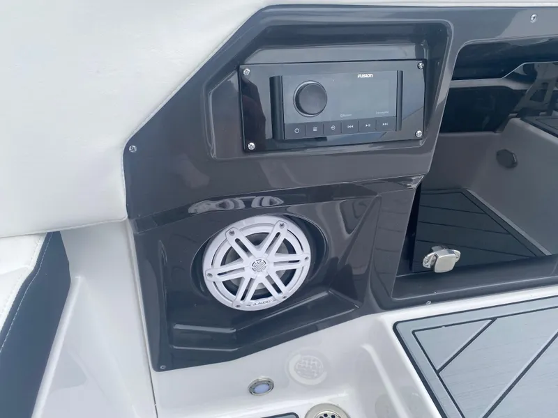 Slide: The Image of 2025 Monterey 278 Super Sport boat audio system with speaker and control panel. - 15