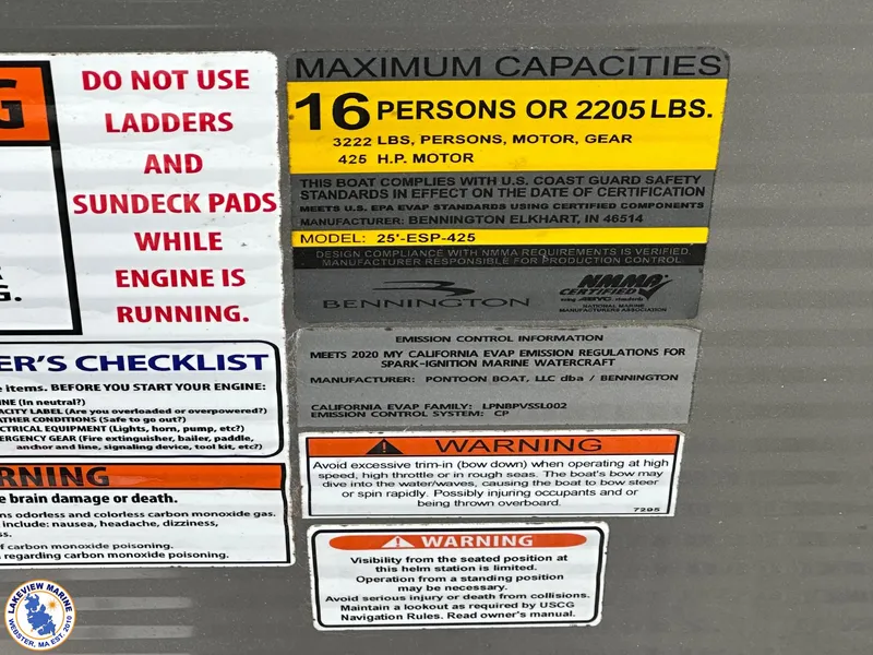 Slide: The Image of Capacity label for 2020 Bennington R 25 RSBA, max 16 persons or 2205 lbs, 426 HP motor. - 15