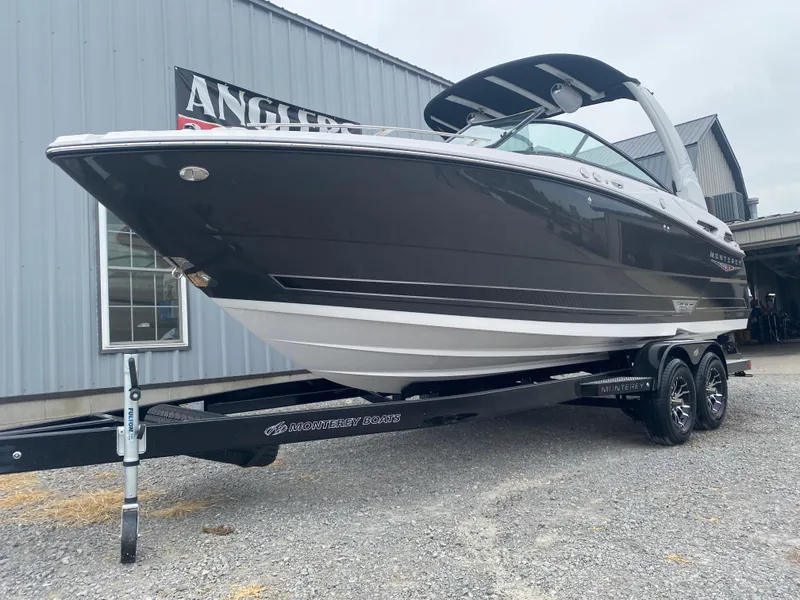 Slide: The Image of 2025 Monterey 258 Super Sport boat on trailer, parked outside a building. - 4